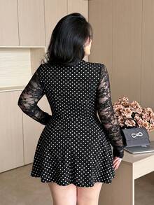 Vibekara Plus Size Women's New Large Scoop Neck Lace Trim Tie Sexy Party Contrast Lace A-Line Long Sleeve Ruched Bust Elegant Vintage Romantic Fitted Cute Sexy Style Dress Suitable For Daily Wear Back To School Season Women's Birthday Outfit Party Dress Women's Plus Size Evening Gown Cocktail Dress Wedding Guest Dress Women's Dress Elegant Evening Gown - Multicolor - View 2