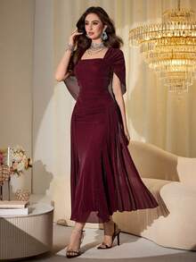 Modelyn Đầm dài ôm dáng không dây vai, tay bồng, chất liệu lưới và sợi bóng, thanh lịch dành cho nữ, thích hợp cho mùa xuân/thu. - Màu Đỏ Sâu - Xem 6