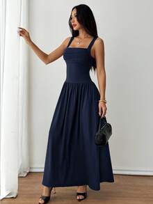 SHEIN PETITE Women's Elegant Solid Color Navy Blue Square Collar Flared Dress, Spring/Summer Date Night - Navy Blue - View 5