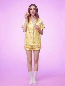 Notgurli Set pijama pentru femei, galben, cu imprimeu drăguț de rață mică în stil desen animat, cu rever și mânecă scurtă, pantaloni scurți, 2 piese, loungewear casual pentru acasă - Multicolor - Vizualizare 6