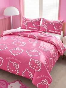 HELLO KITTY AND FRIENDS | SHEIN 3件組可愛卡通印花被套組，磨毛材質，柔軟保暖，多尺寸可選，適用單人床/雙人床/加大雙人床/特大床 - 深粉色 - 查看 4