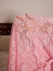 Slumberist Plus Size Women's Light Pink Lace Patchwork Shiny Satin Nightgown Mid-Length Robe 2-Piece Set With Waist Tie, Loungewear Night Autumn - Pink - View 8
