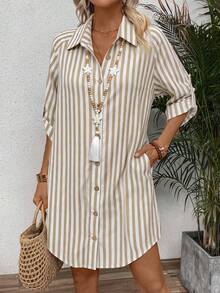 SHEIN Women's Spring/Summer New Striped Casual Vacation Shirt Dress - Coffee - View 7