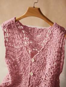 Elaquor Plus Size Vacation Casual Solid Color Hollow Knit Vest - Pink - View 5