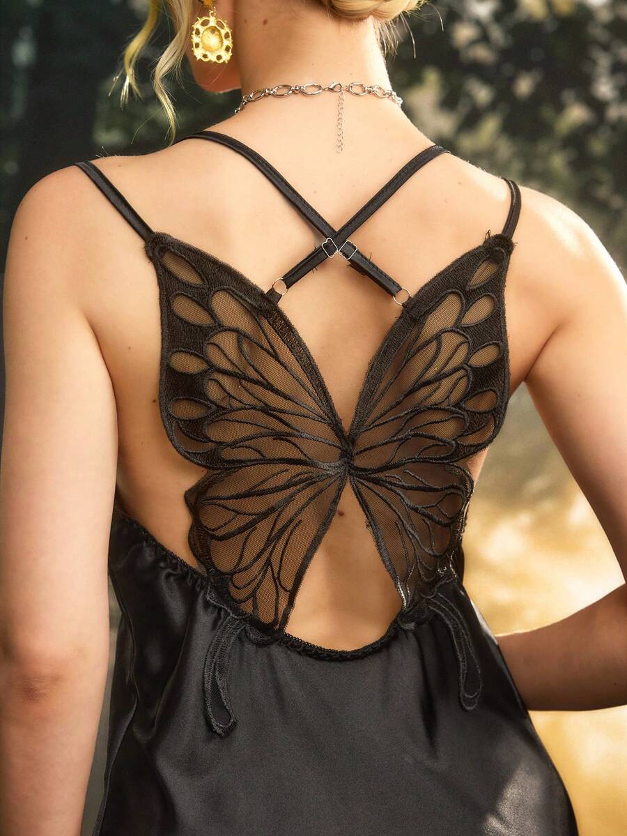 PinupPomp Women's French Style Butterfly Backless Pajama Slip Dress, Long Skirt Luxeloungewear - Black - View 1