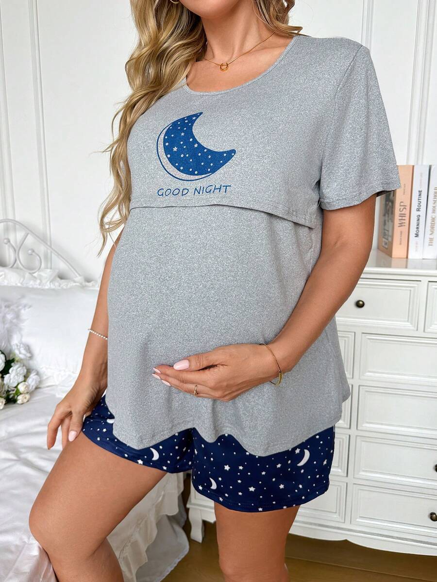 SHEIN Moonlight & Mama 基礎極簡時尚月亮印花哺乳設計可調節鬆緊腰孕婦睡衣套裝 - 彩色 - 查看 1