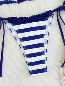 Swim Mod 2件組夏季新款綠色花卉印花性感露背掛脖綁帶女款泳衣套裝 - 藏蓝色 - 查看 5