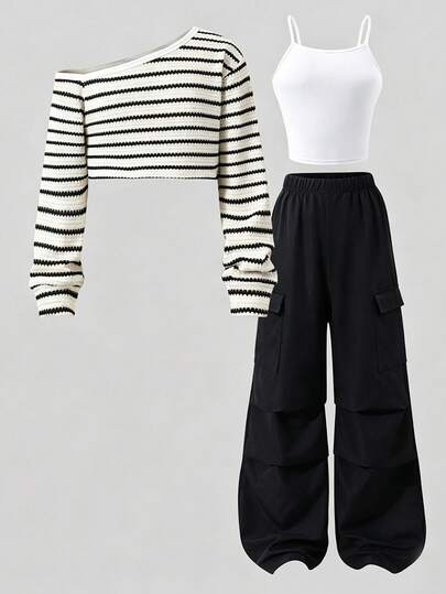 Tween Meisje Gestreepte Asymmetrische Kraag T-shirt & Effen Kleur Camisole & Cargobroek Set