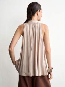 Aalyst Summer Casual Elegant Solid Color Halter Neck Button Decor Shirt Bar Party Dinner Date Lunch Date Tan - Apricot - View 3