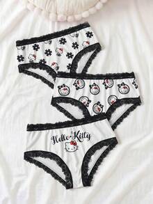 HELLO KITTY AND FRIENDS | SHEIN 女款字母卡通印花對比蕾絲內褲 - 黑與白 - 查看 1