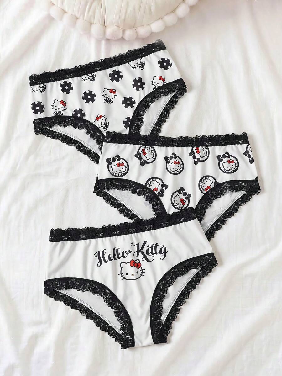 HELLO KITTY AND FRIENDS | SHEIN 女款字母卡通印花對比蕾絲內褲 - 黑與白 - 查看 1