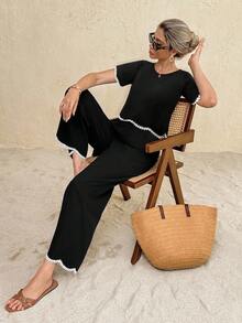 SHEIN Frenchy 女款拼色圓領短袖上衣與長褲兩件套 - 黑色 - 查看 7
