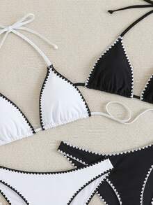 Swim Basics Summerbeach 女款對比飾邊掛脖比基尼上衣與褲子套裝 - 黑與白 - 查看 3