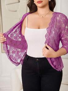 Reflora Plus Size Women's Purple Lace Floral Pattern Versatile Thin Jacket Cocktail Party Autumn Fall - Hot Pink - View 5