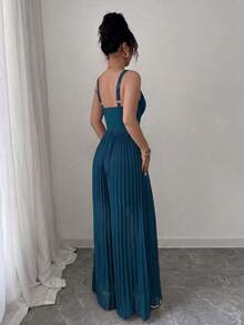 Selianne 女款無袖細肩帶收腰百褶優雅浪漫精緻連身褲 - 水鴨藍 - 查看 3