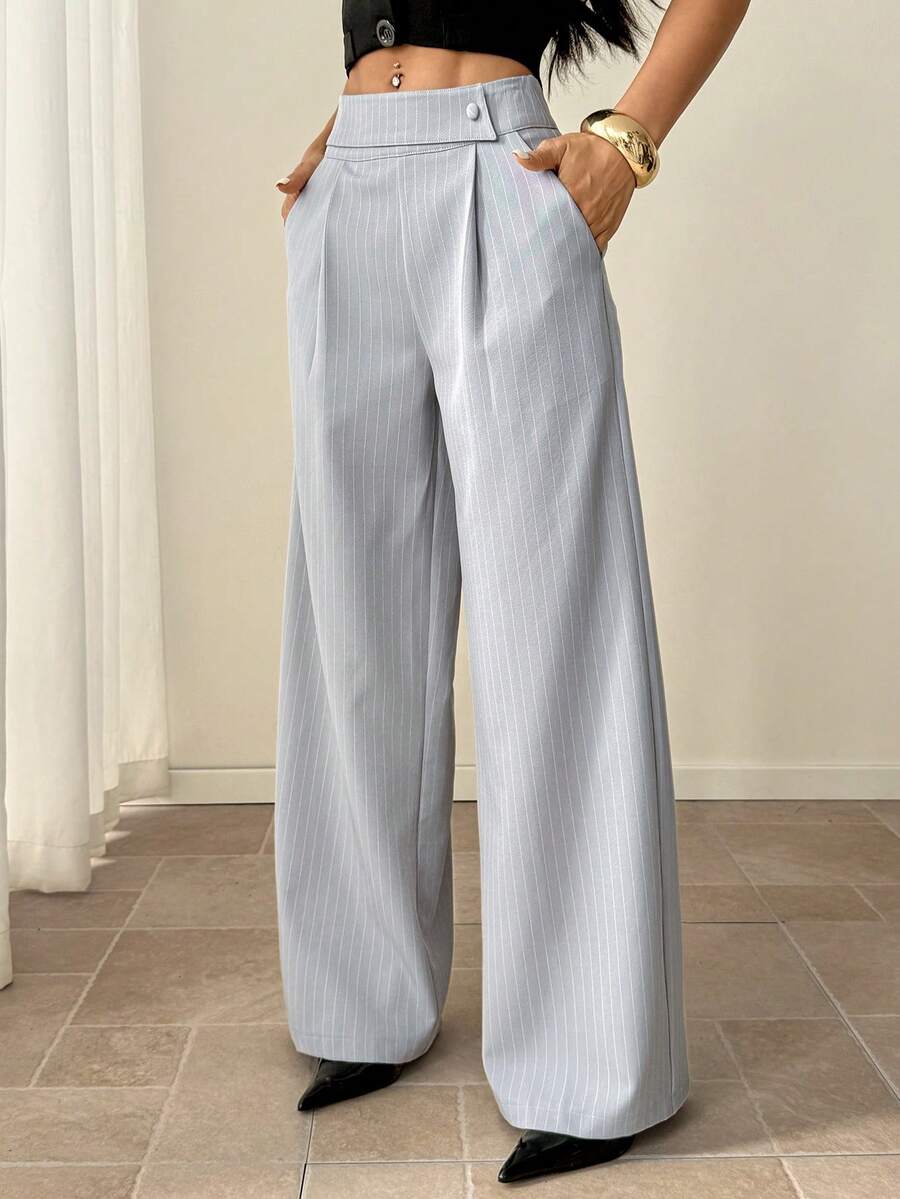 SHEIN PETITE 女款休閒通勤條紋寬腿長褲 - 灰色 - 查看 1