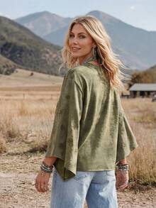 Wildy Tenue d'été décontractée BOHO style western country avec patchwork blocs de couleurs pour femme, top ample asymétrique basique pour sorties et trajets quotidiens - Militaire verte - Voir 2
