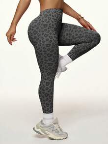 SHEIN Dewbera Plus Size Women's Leopard Print Casual Versatile Daily Wear Sports Tight Leggings - Black - View 4