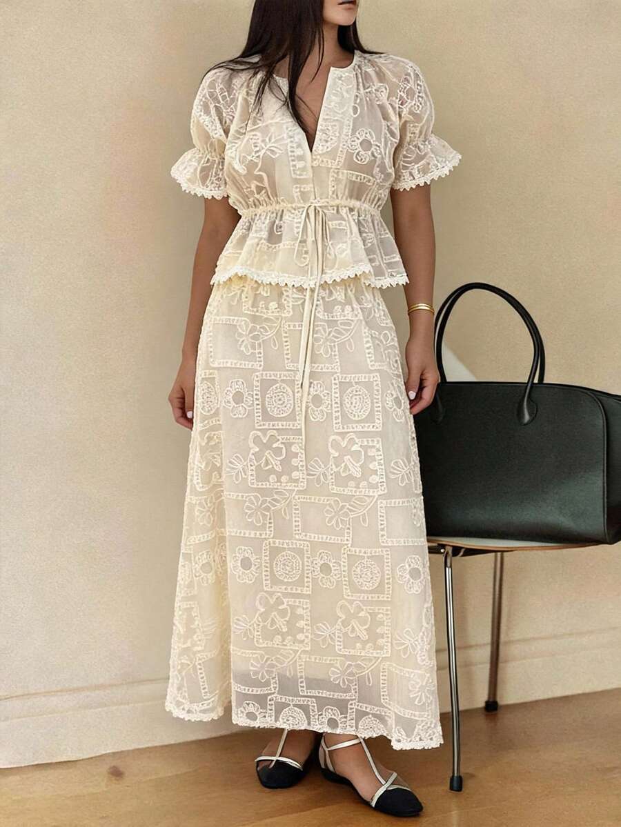 DAZY Women's Lace Loose Cinched Waist Shirt And Mid-Length Skirt 2 Pieces Set Summer - Beige - View 1