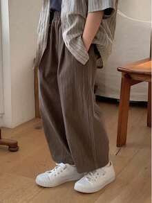 DAZY Tween Boy Solid Color Elastic Waist Pockets Loose Tapered Casual Pants - Brown - View 1