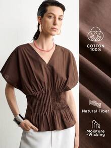 Aalyst Women's Summer Casual Dark Brown Textured Cotton V-Neck Batwing Sleeve Top Back Zipper Waist-Cinching Detail Blouse Teachers' Day Office Everyday - Coffee Brown - View 3