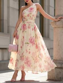 Balvessa Elegant Date Party Gathering Floral Chiffon Dress With Asymmetrical Shoulder Design, Flared, Spring/Summer Women's Long Dress - Light Yellow - View 3