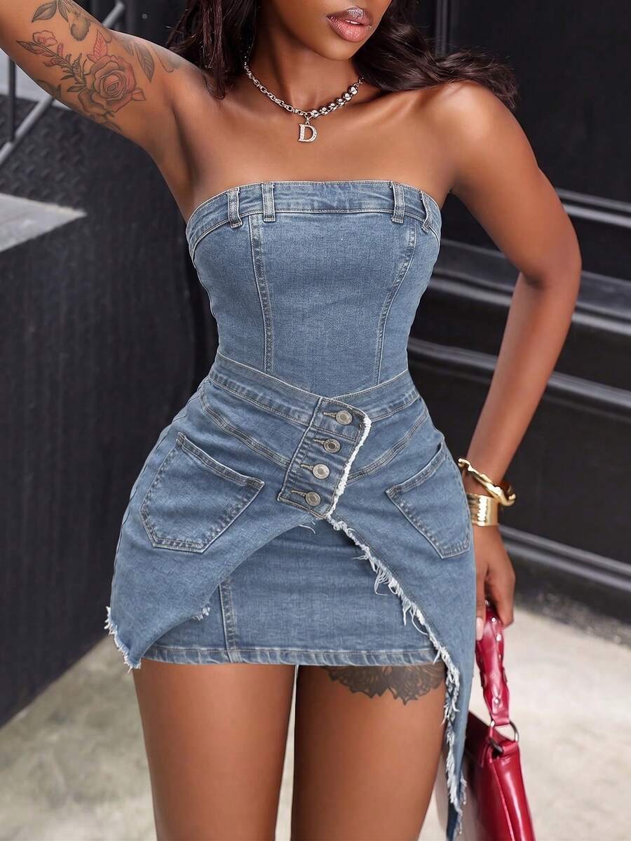 Jeanoix Women's Strapless Casual Daily Outing Washed Denim Dress - Medium Wash - View 1
