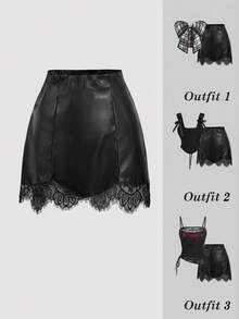 SHEIN MOD Jupe mode femme couleur unie avec ourlet en dentelle contrastée - Noir - Voir 1