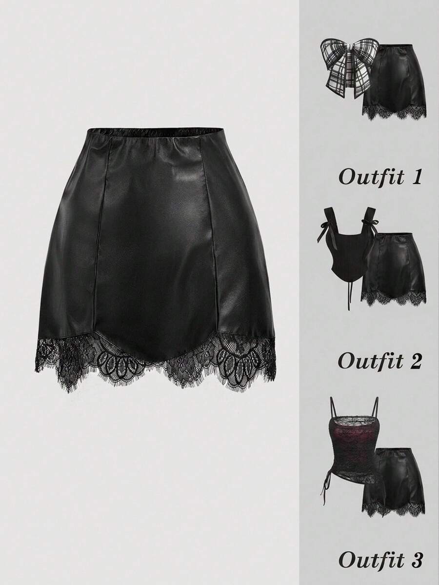 SHEIN MOD Jupe mode femme couleur unie avec ourlet en dentelle contrastée - Noir - Voir 1