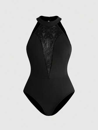 Dark Night Ode Gothic Style Off-Shoulder Mesh Castle Flocked Patchwork Deep V-Neck Plus Size Bodysuit (Triangle With Buckle)