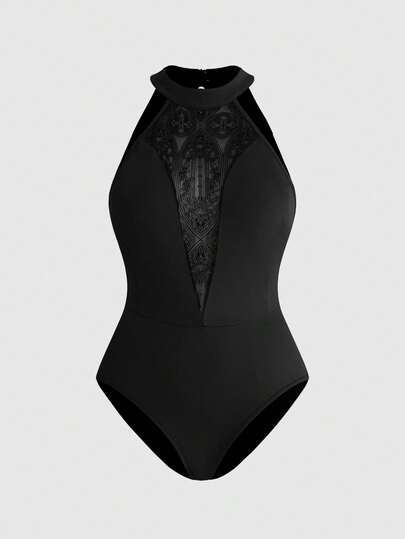 ROMWE Dark Night Ode Gothic Stil Off-Shoulder Mesh Schloss bedruckt Patchwork tiefer V-Ausschnitt Große Größen Bodysuit (Dreieck mit Schnalle)