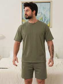 DAZY 夏季純色橄欖綠男士居家休閒套裝 T-shirt - 軍綠色 - 查看 4