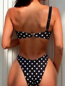 SHEIN Swim 女款波點金屬裝飾百褶單肩連身泳衣，適合海灘度假、泳池派對、海灘派對 - 黑與白 - 查看 2