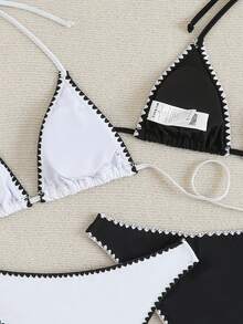 Swim Basics Summerbeach 女款對比飾邊掛脖比基尼上衣與褲子套裝 - 黑與白 - 查看 4