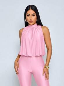 SOLERSUN Women's Halter-Neck Top And Fitted Knee-Length Shorts Set-Spring/Summer Old Money Aesthetic - Pink - View 8