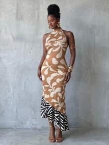 BamGlimmer Women's Zebra Print Fishtail Hem Fitted Elegant Halter Neck Long Dress - Multicolor - View 4
