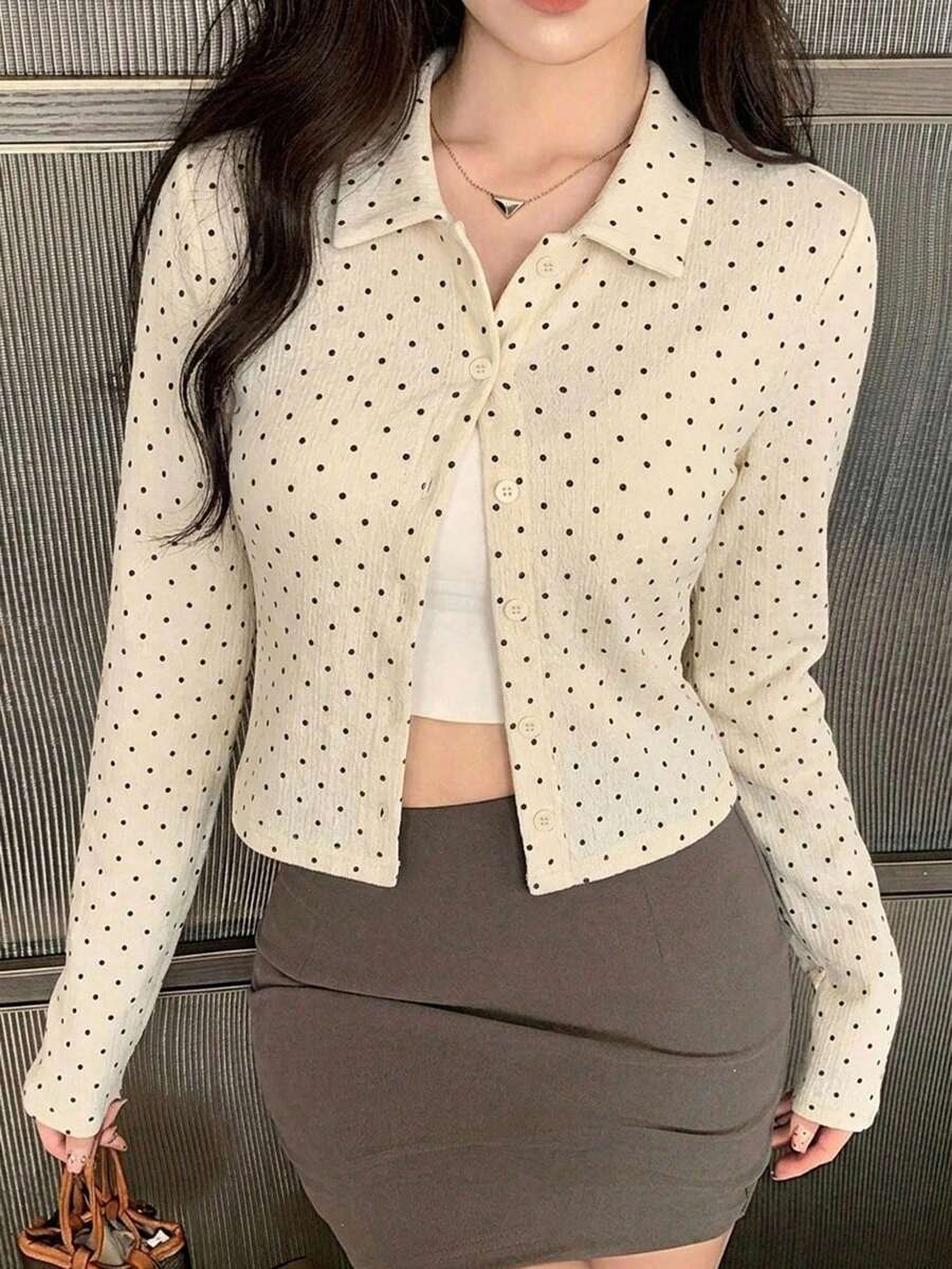 DAZY 女款圓領休閒寬鬆前開襟長袖T恤 - 米色 - 查看 1