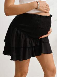 SHEIN Maternity Solid Color Vacation Shirred Design Ruffle Hem Skort - Black - View 4
