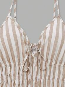 SHEIN LUNE 女款藍白條紋收腰無袖連身褲，性感浪漫法式風格，適合海灘、街頭、休閒通勤、商務、約會、度假穿搭 - 卡其色 - 查看 5