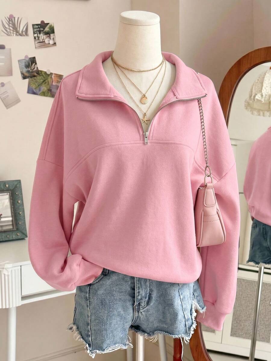 SHEIN 少女純色拉鍊領甜美百搭運動衫 - 粉色 - 查看 1