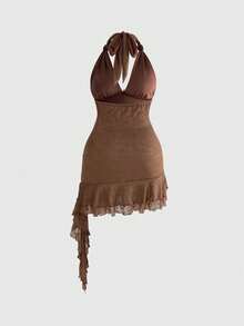 ROMWE Avant Plus Size Women Metal Starfish Decor Ruffle Hem Dress - Brown - View 6