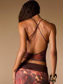 Opulessa Casual Tropical Vacation Knit Mesh Print Halter Backless Tank Top For Women Vacation Brown Summer - Multicolor - View 2