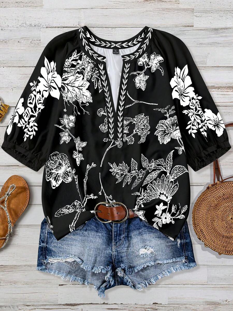 Linhara Spring Summer Autumn Casual Boho Commute Vacation Mid-Sleeve Raglan Sleeve V-Neck Floral Print Solid Color Blouse Plus Size Black - Black - View 1