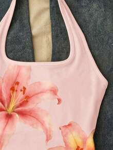 Top de tirantes largo blanco con cuello halter, estampado floral rosa vintage lindo y femenino, ajuste ceñido, estilo Y2K, atuendo de verano para vacaciones de niñas preadolescentes - Blanco - Ver 6