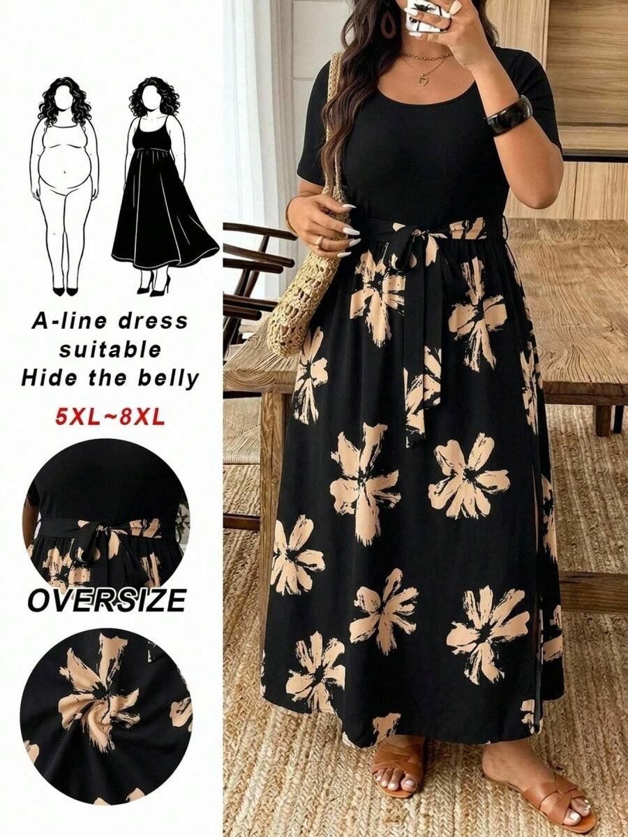 SHEIN CURVE+ 大尺碼 US22 音樂節海邊度假波希米亞風夏季休閒花卉印花拼接短袖長洋裝 - 黑色 - 查看 1