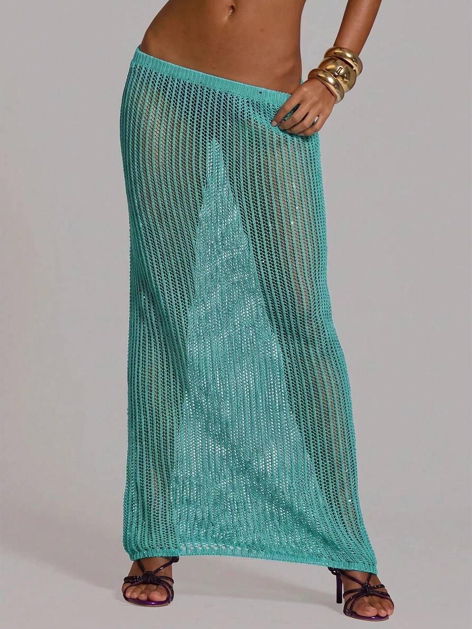 Knitted Sequin Low Rise Maxi Skirt Summer Holiday Vacation Beach Club Sexy Casual Festival Ibiza Elegant Obsidian