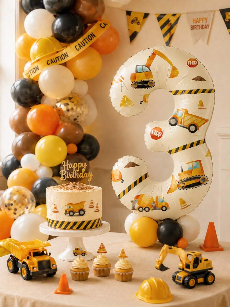 MINKOJA 1Set Excavator Stickers With 32 Inch Cream Number Foil Balloon For Construction Theme Birthday Party Decorations, BabyShower, Party Supplies(Self-Adhesive Stickers) - View 1