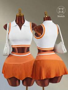 Amplova Women's Sleeveless Contrast Color Half-Zip Fitted Tennis Shirt, Summer Orange Seamless Polo Shirt Vest Old Money Sports - Orange - View 3