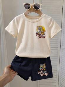 TOM & JERRY X SHEIN 男嬰圓領字母卡通印花短袖T恤與短褲休閒日常套裝 - 杏色 - 查看 3