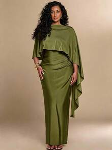SHEIN BAE CURVE Elegantes blassgelbes Sommerkleid in Große Größen für Damen, figurbetont mit Raffung, perfekt für Essen, Strandurlaub, Partys, Dates, Brunch und andere besondere Anlässe - Grün - Übersicht 5